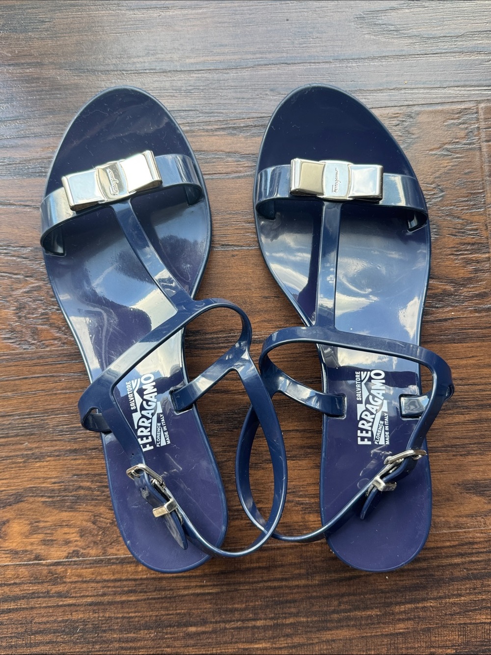 Salvatore Ferragamo Navy Jelly Sandals with Signature Silver Bow